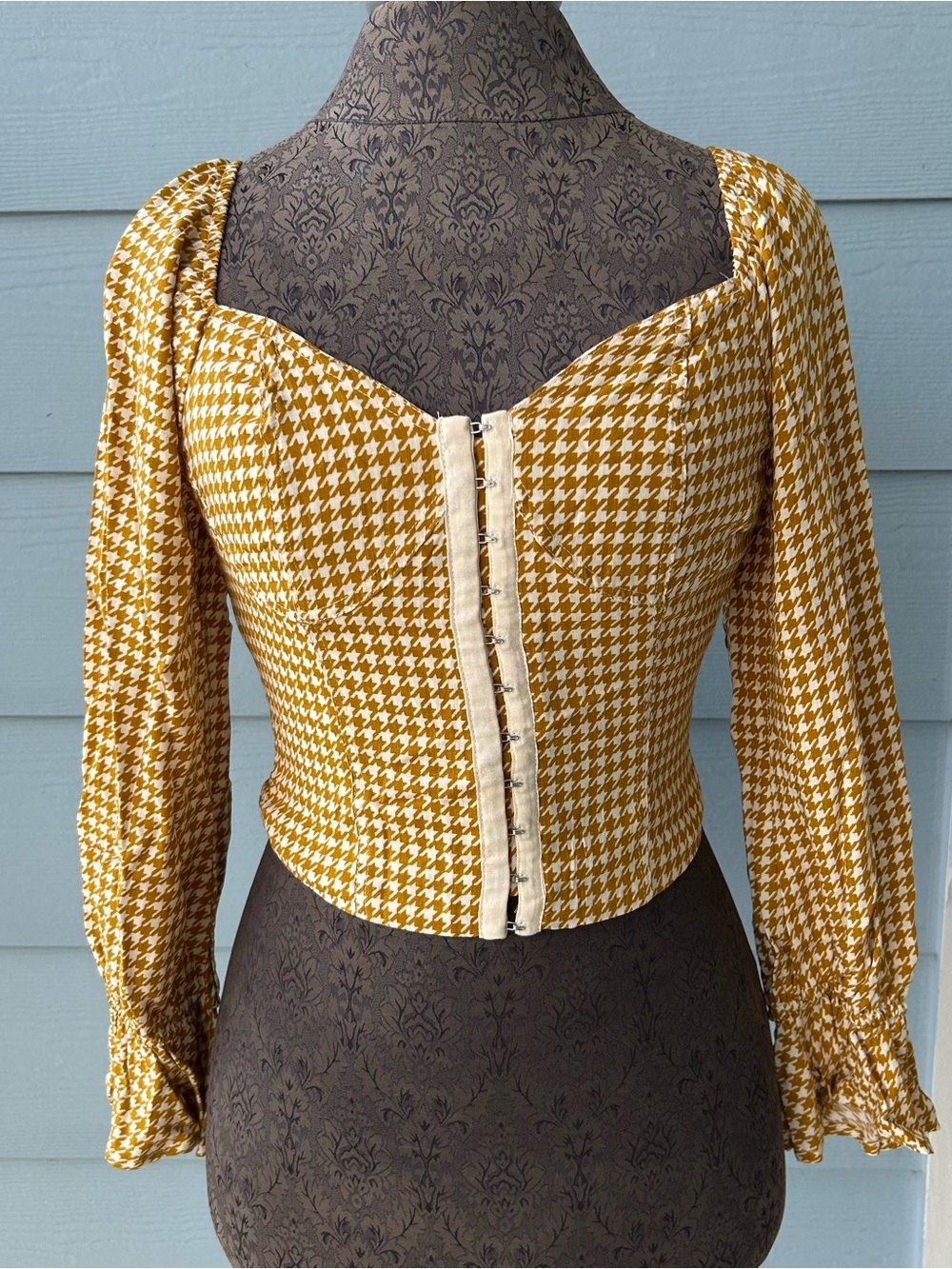 Rewind Mustard and White Houndstooth Sweetheart Blouse with Smocked Back